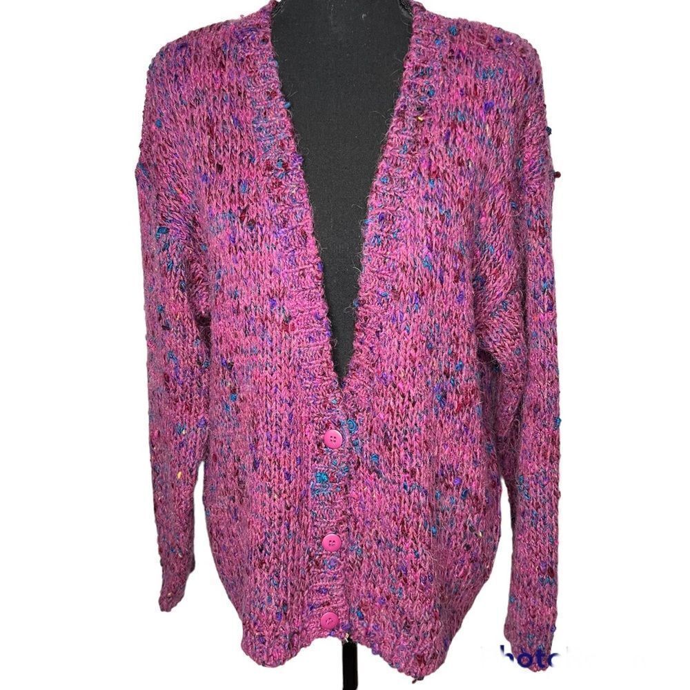 Lucia 80’s Style Purple Speckled Button Up Shoulder Pad Wool Blend Cardigan Sz M